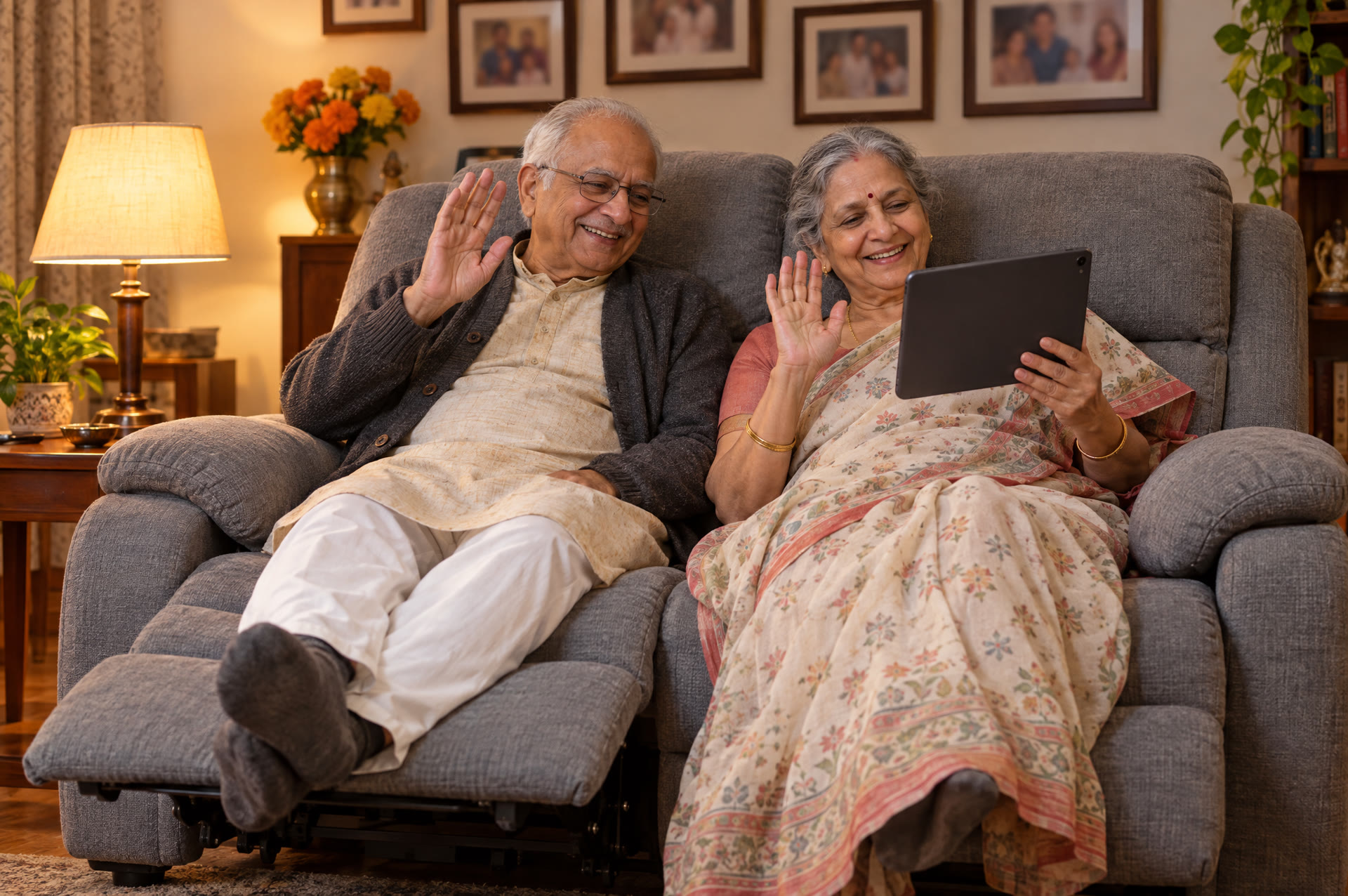 An elderly couple on a grey recliner sofa waving at their children on a video call