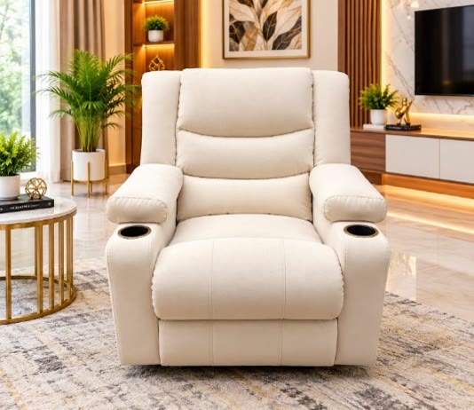 Cream single recliner with two cup holders