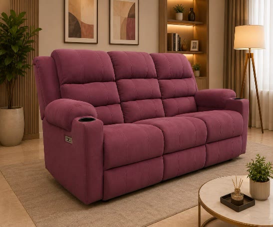 Wine red three-seater fabric recliner sofa