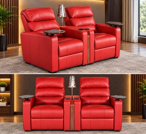 Red theatre recliner pair with tray tables