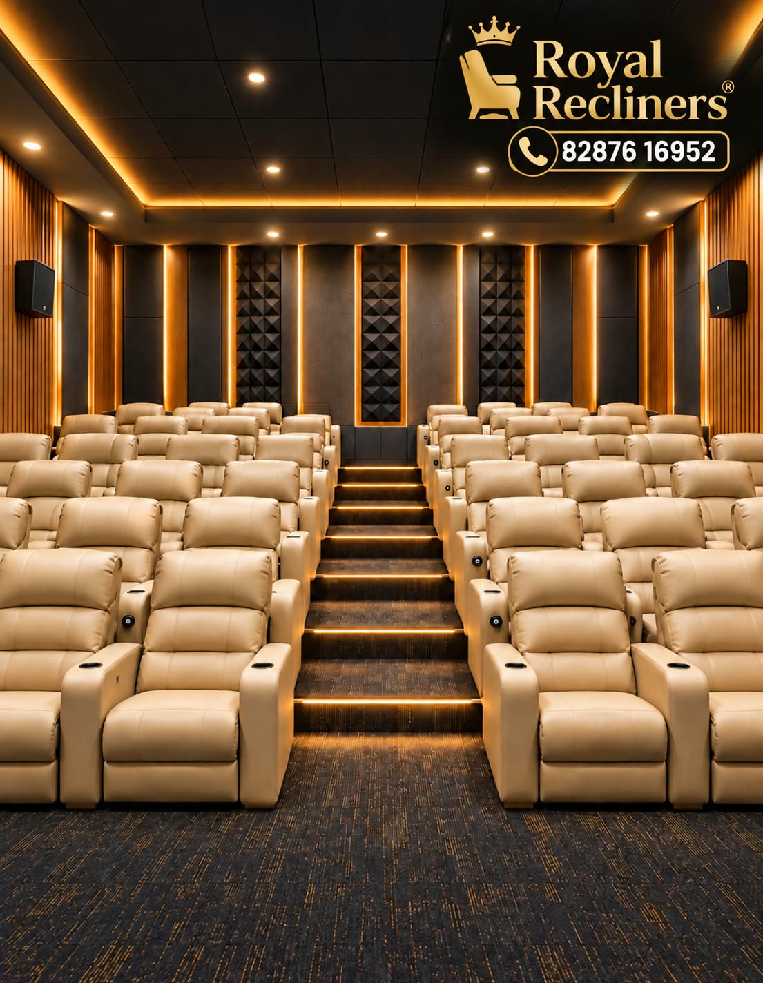 A full home theatre room fitted with rows of cream recliners